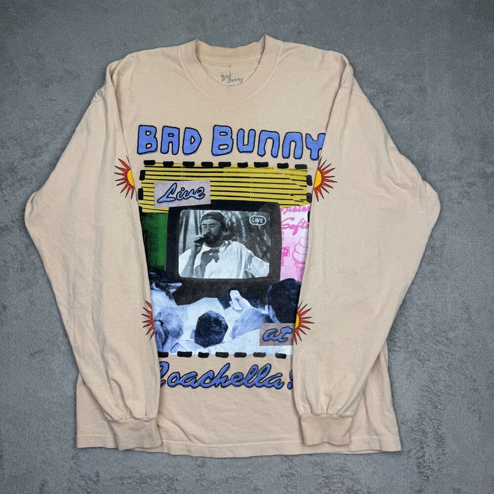 Bad Bunny x Coachella Shirt Mens Large Beige Cotton Graphic Print Long Sleeve
